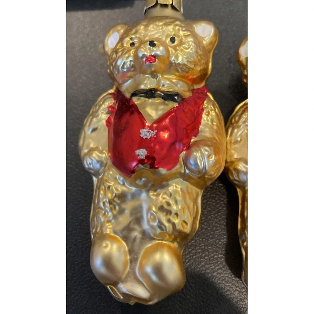Vintage Mercury Glass‎ 4 Golden Teddy Bear Christmas Ornament Gold Red Vest Bow